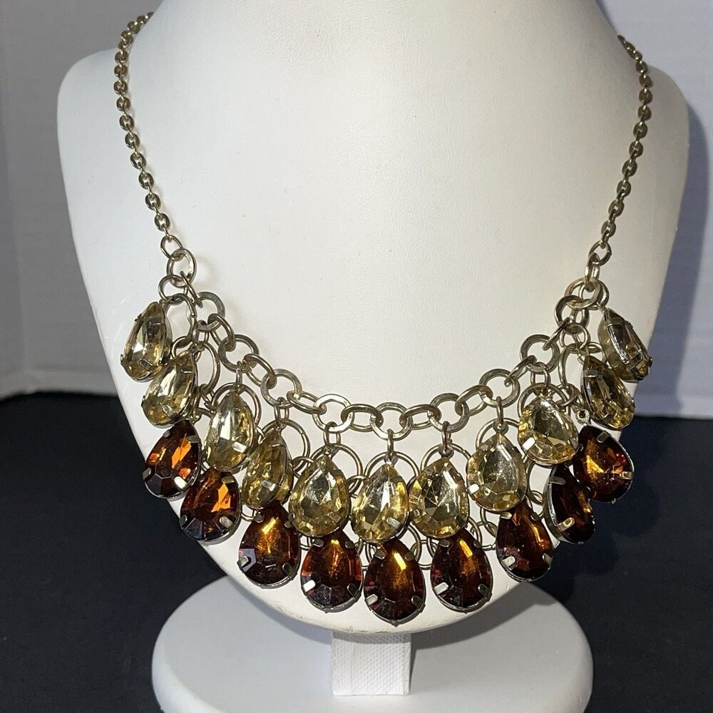 Chunky Amber Topaz Tone Bib Statement Necklace Gold Tone Acrylic Teardrop Fringe